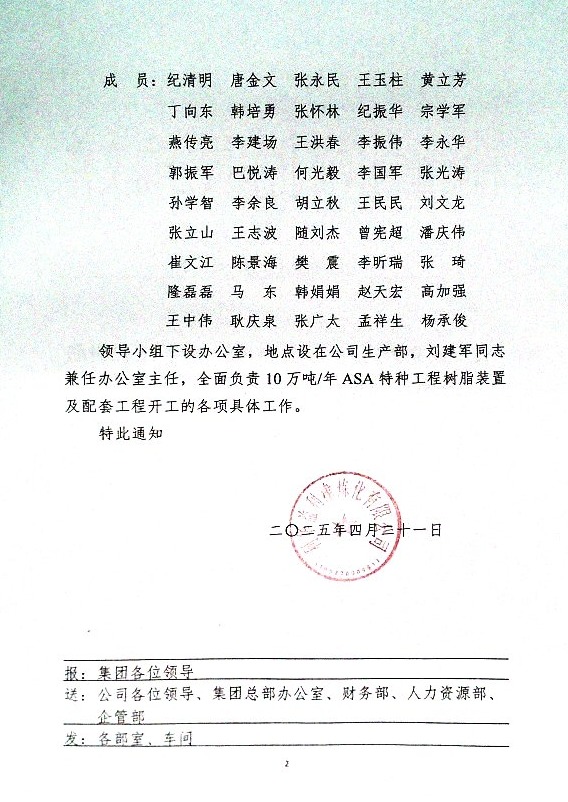 关于成立新建10万吨/年ASA特种工程树脂装置及配套工程开工领导小组的通知