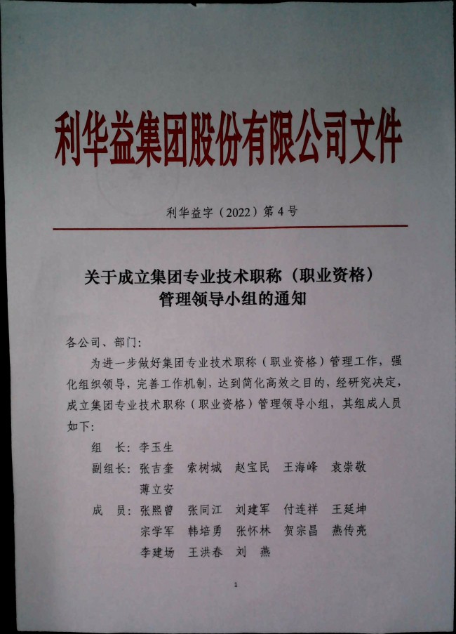 关于成立集团专业技术职称管理领导小组的通知