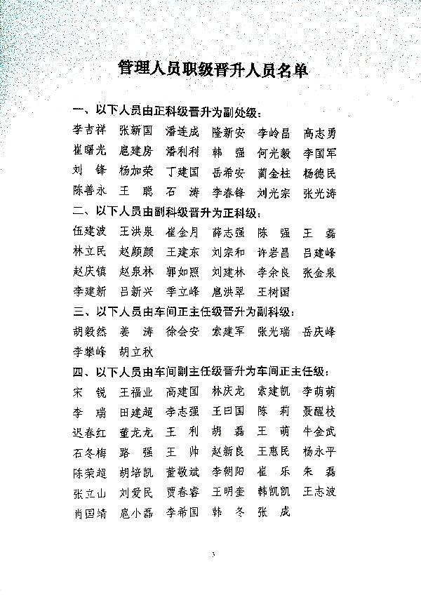 关于对部分管理人员职级予以晋级的通知