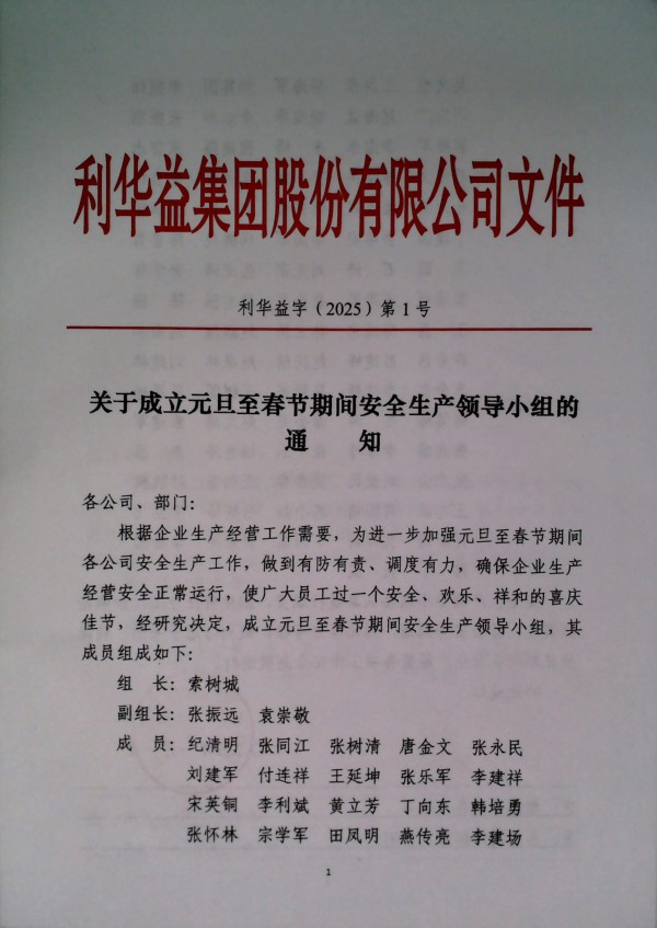 关于成立元旦至春节期间安全生产领导小组的通知