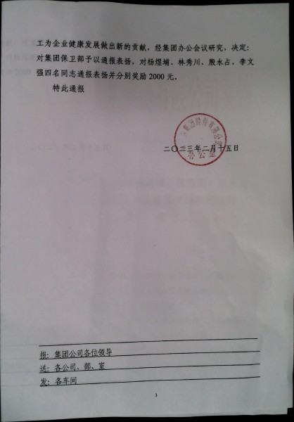 关于对集团保卫部及杨煜埔、林秀川、殷永占、李文强四名同志予以通报表扬和奖励的决定