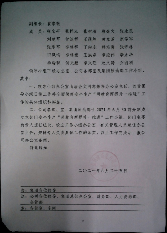 关于成立公司安全生产“两教育两提升一推进”工作领导小组的通知