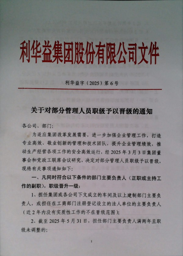 关于对部分管理人员职级予以晋级的通知