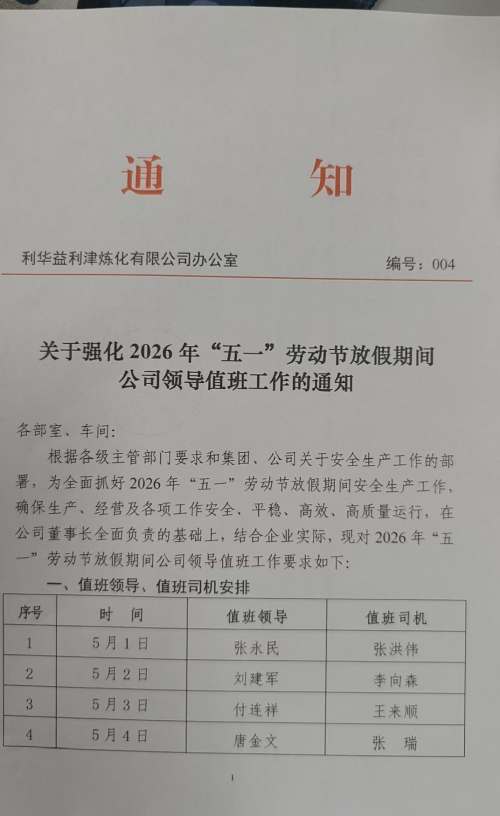 关于强化2026年“五一”劳动节放假期间公司领导值班工作的通知