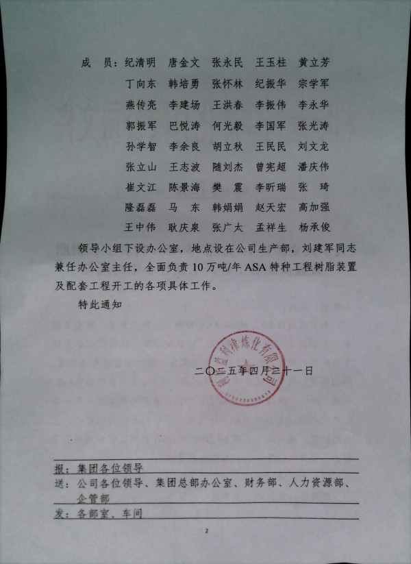关于成立新建10万吨/年ASA特种工程树脂装置及配套工程开工领导小组的通知