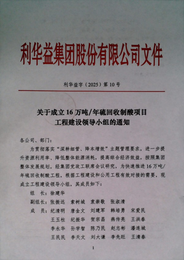关于成立16万吨/年硫回收制酸项目工程建设领导小组的通知