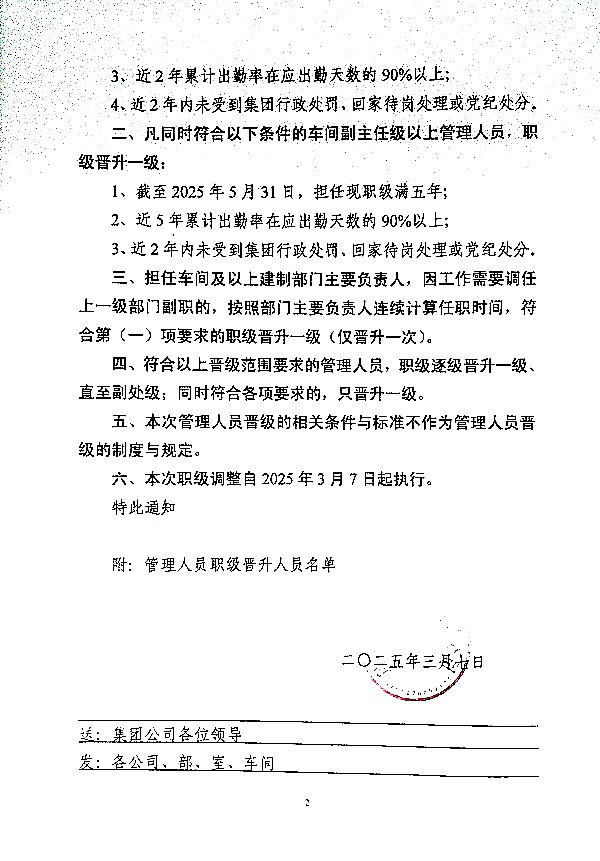 关于对部分管理人员职级予以晋级的通知