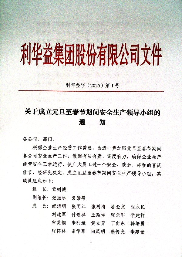 关于成立元旦至春节期间安全生产领导小组的通知