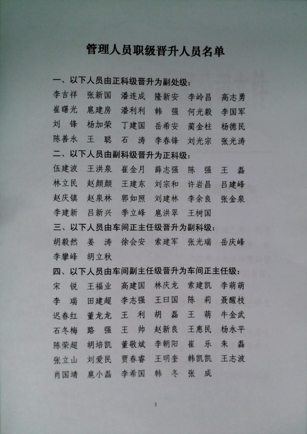 关于对部分管理人员职级予以晋级的通知