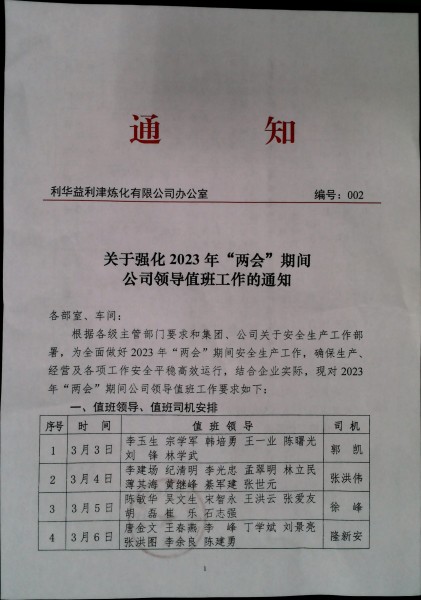 关于强化2023年“两会”期间公司领导值班工作的通知
