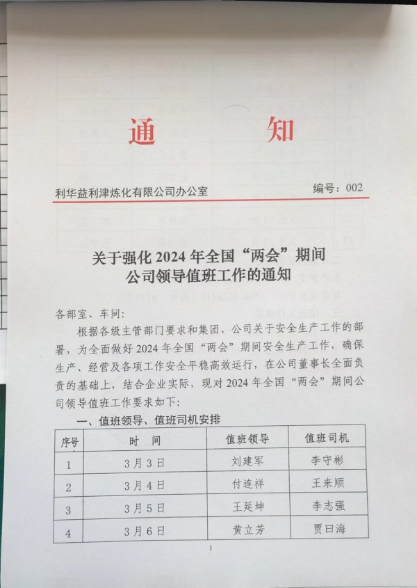 关于强化2024年全国“两会”期间公司领导值班工作的通知