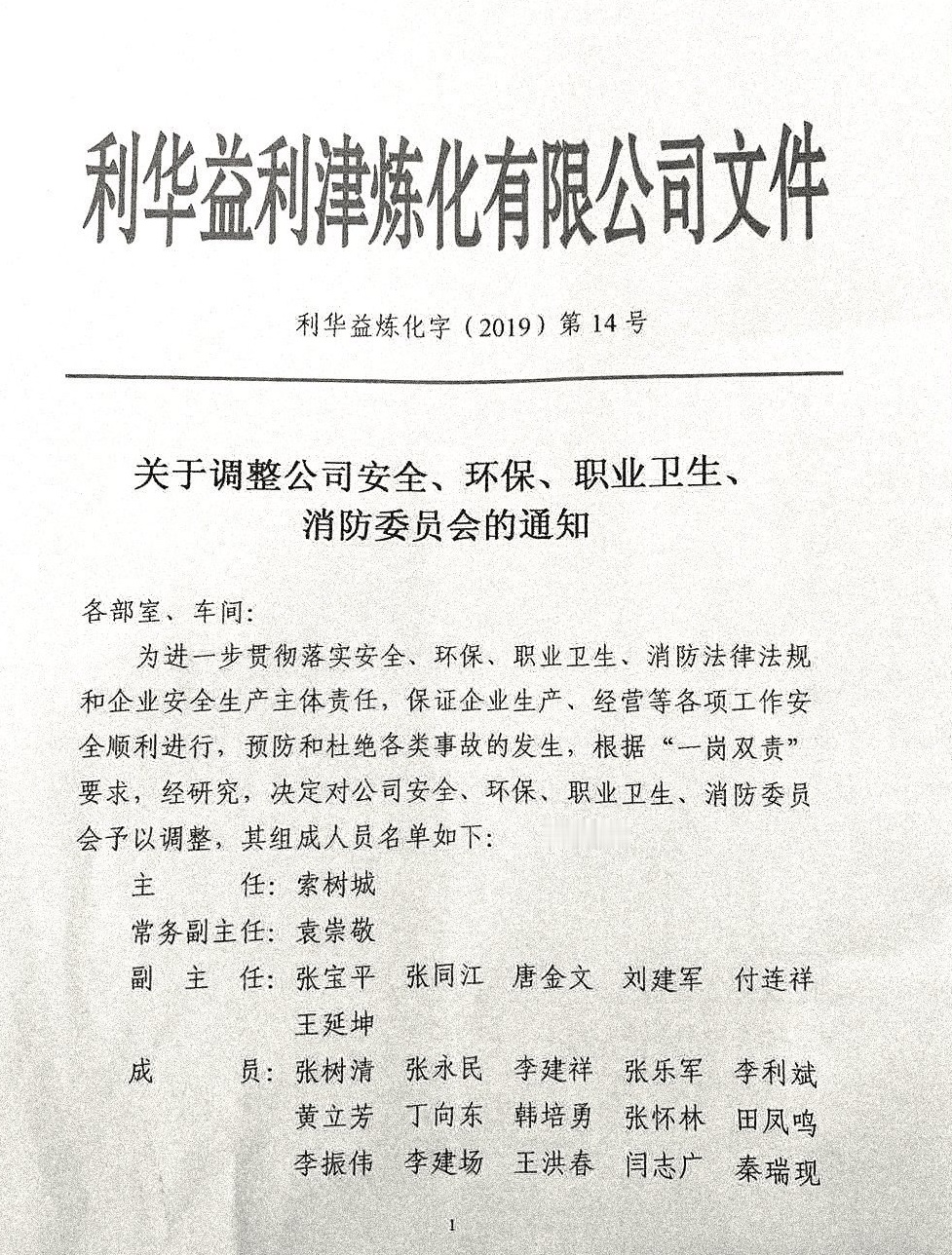 关于调整公司安全、环保、职业卫生、消防委员会的通知