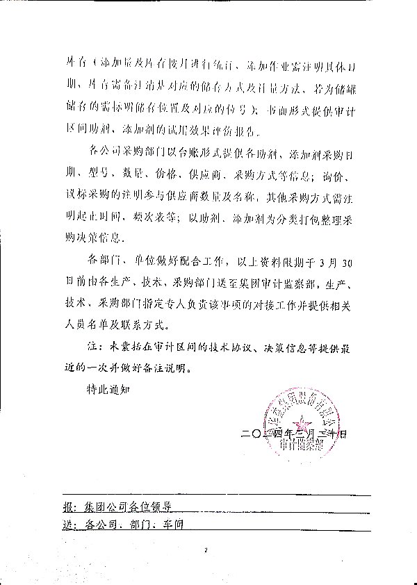 关于对助剂、添加剂价格执行、使用量等情况进行专项审计的通知