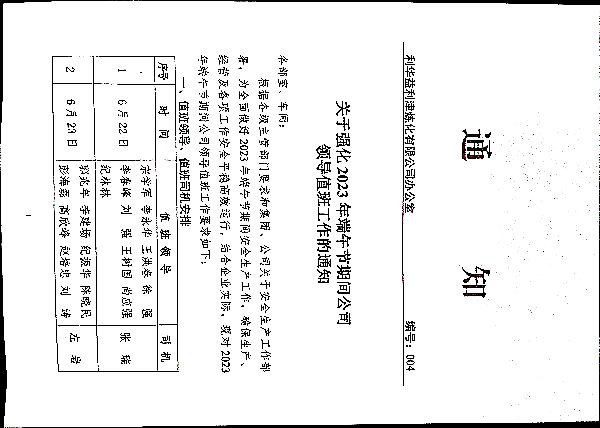关于强化2023年端午节期间公司领导值班工作的通知