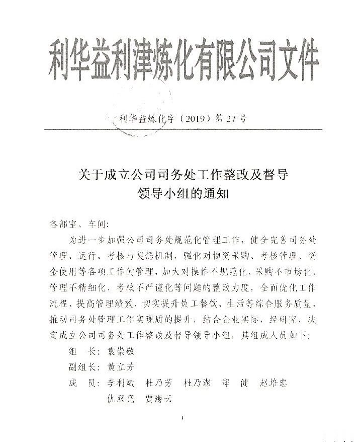 成立公司司务处工作整改督导领导小组的通知