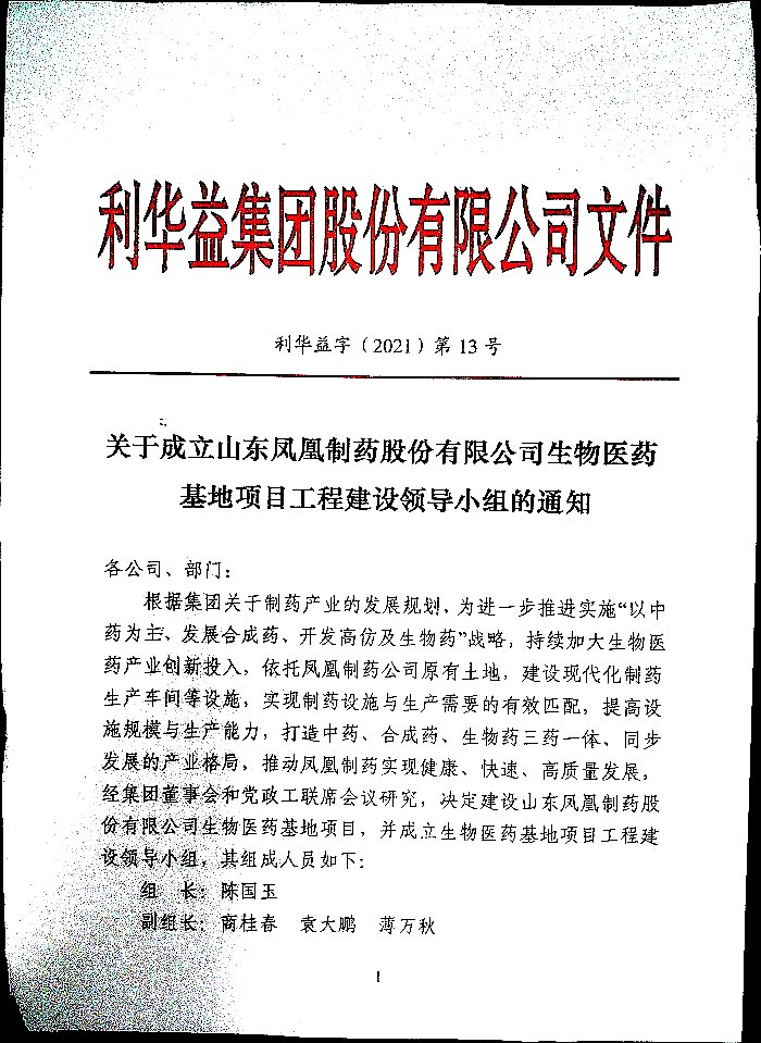 关于成立山东凤凰制药股份有限公司生物医药基础工程建设领导小组的通知