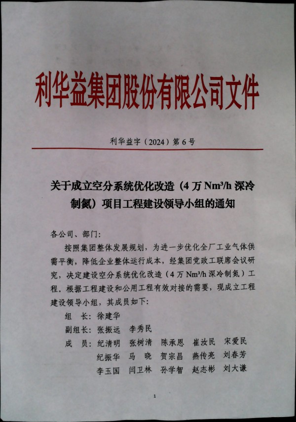 关于成立空分系统优化改造(4万Nm/h深冷制氮)项目工程建设领导小组的通知